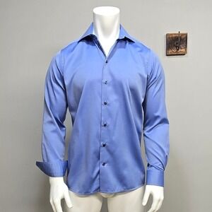 Eton Contemporary Fit Dress Shirt Mens 15.5 40 Blue Herringbone Contrast Button